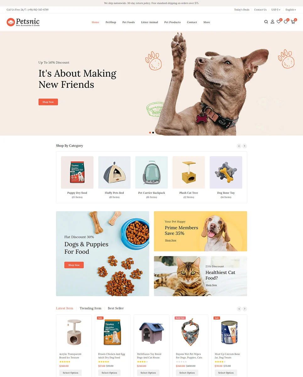 A white landing page for pets store shopify with banner with image of a dog on a pink background.