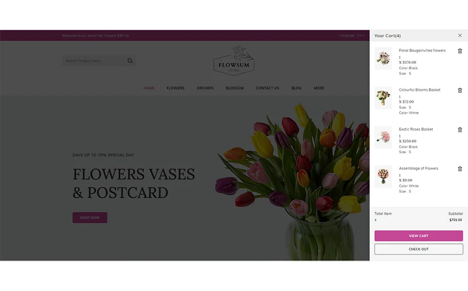 An example of a shopping cart for web version flowers store with image of tulips.