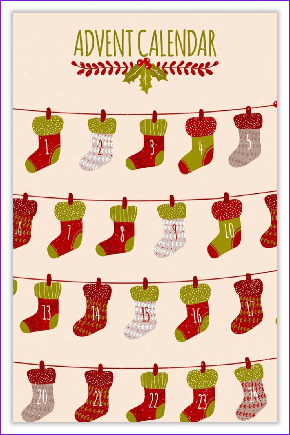 Calendar with days in the shape of Christmas socks.