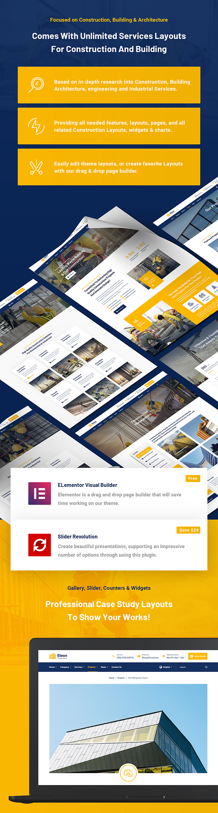 A set of different pages of eteon construction and building WordPress theme.