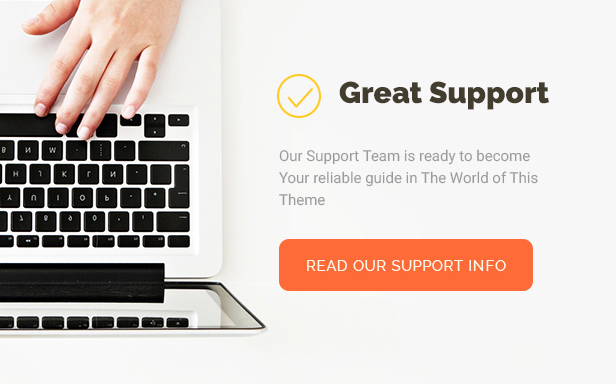 Black lettering "Great Support" and mockup of macbook on a gray background.