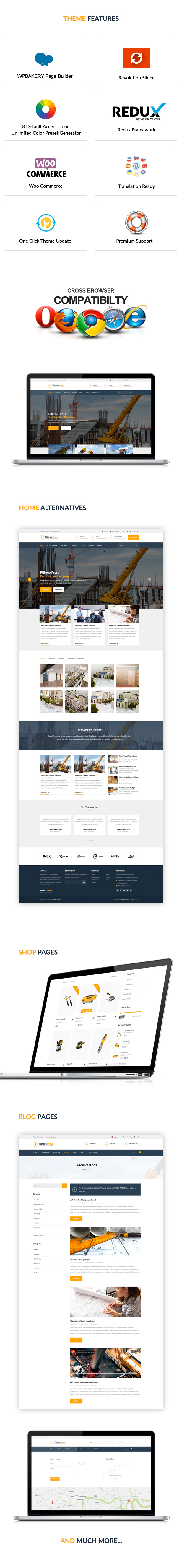 A lot of different pages of pithree construction and building WordPress theme.