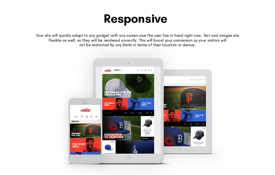 Black lettering "Responsive" and 3 device mockups.
