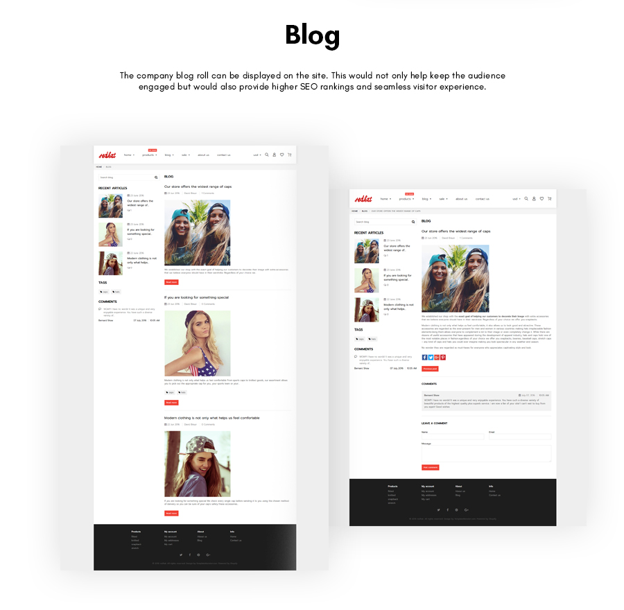 Blog pages in 2 examples on a white background.