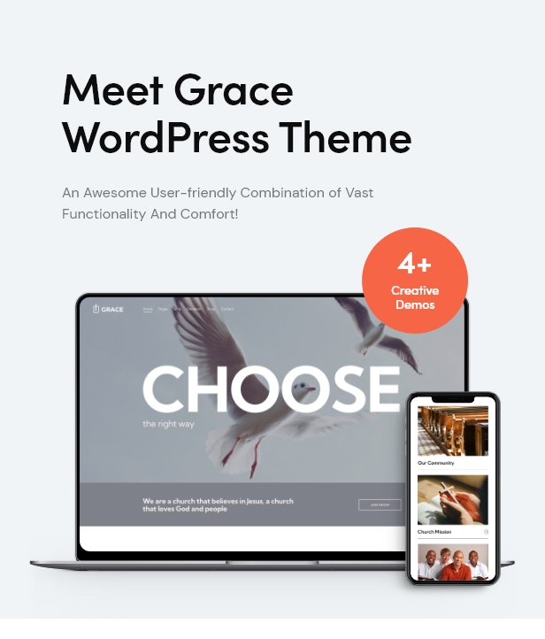 Mockups of Iphone and Macbook with templates and black lettering "Meet Grace WordPress Theme".