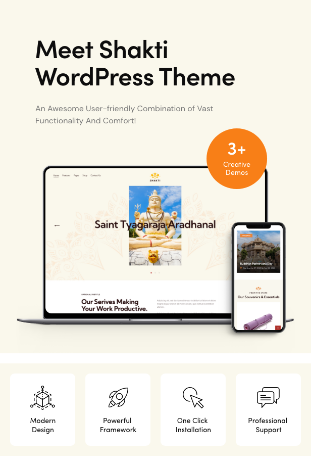 Mockups of Iphone and Macbook with templates and black lettering "Meet Shakti WordPress Theme".