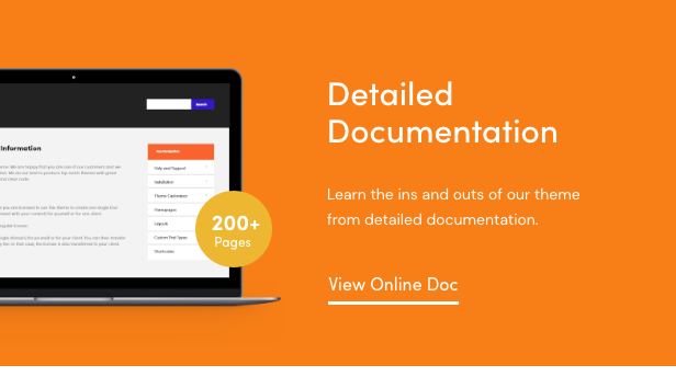 Macbook mockup and white lettering "Detailed Documentation" on an orange background.