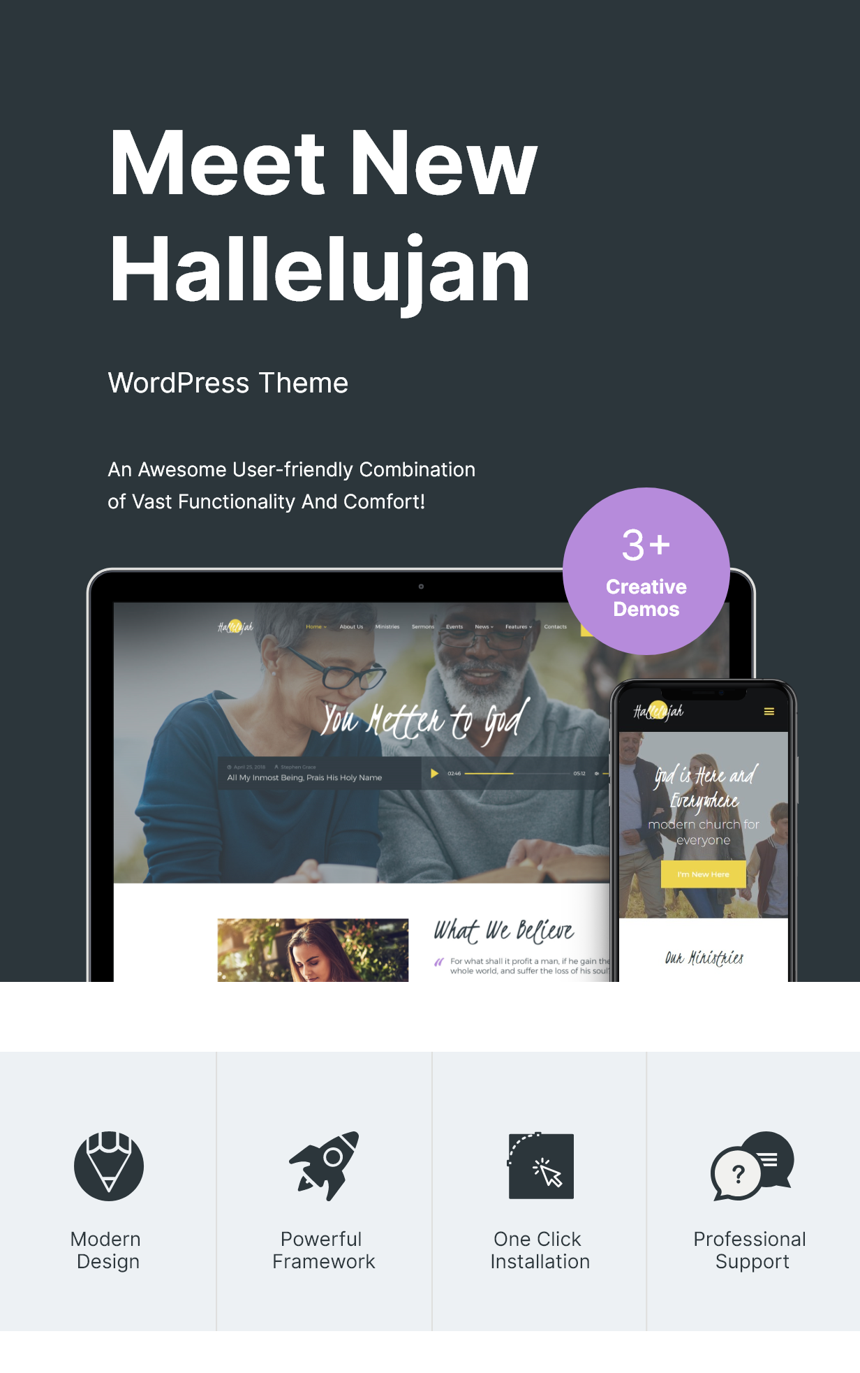 Mockups of Iphone and Macbook with templates and white lettering "Meet New Hallelujan".