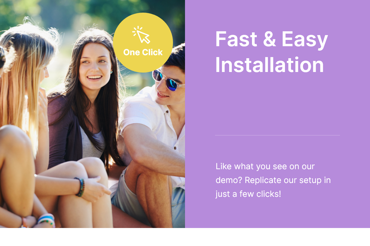 Picture of friends and white lettering "Fast & Easy Installation" on a lavender background.