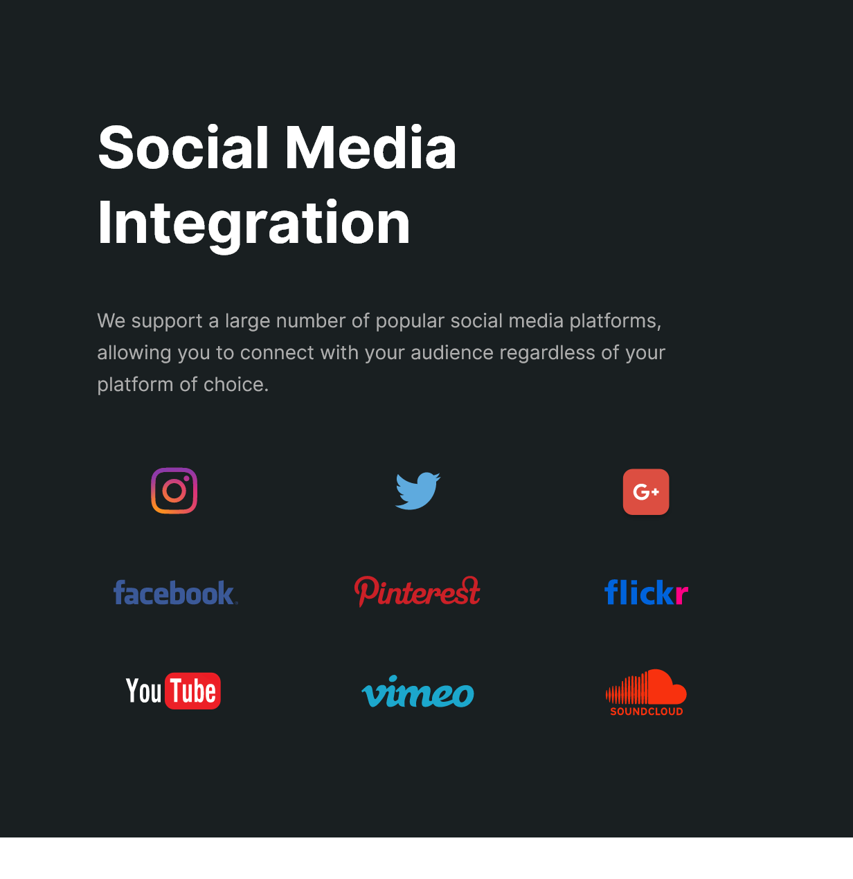 White lettering "Social media integration" and 9 icons on a black background.