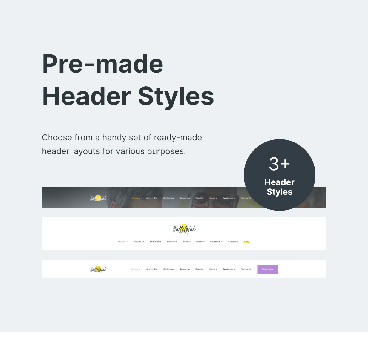 3 pre-made header styles on a gray background.