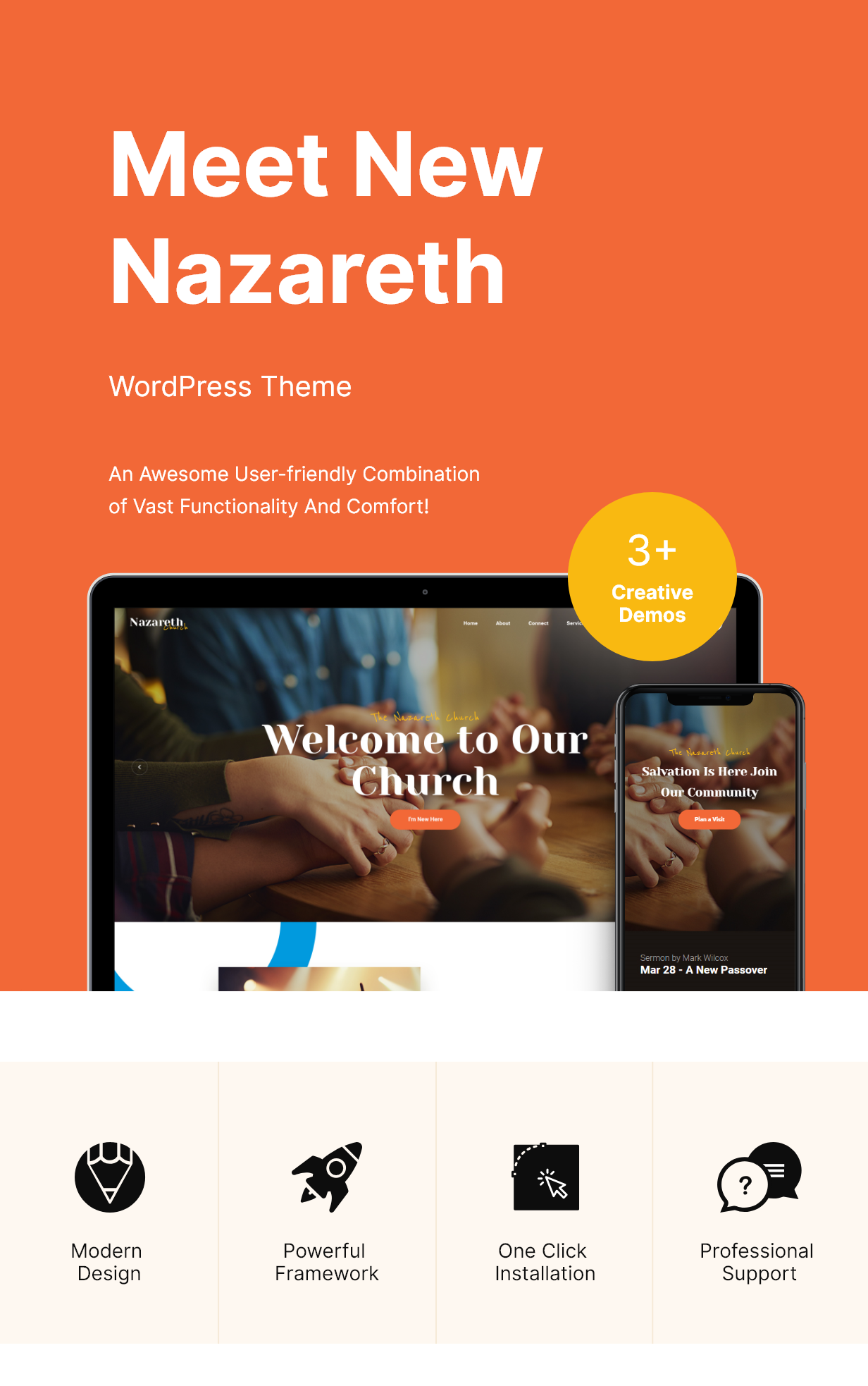 Mockups of Iphone and Macbook with templates and white lettering "Meet New Nazareth".