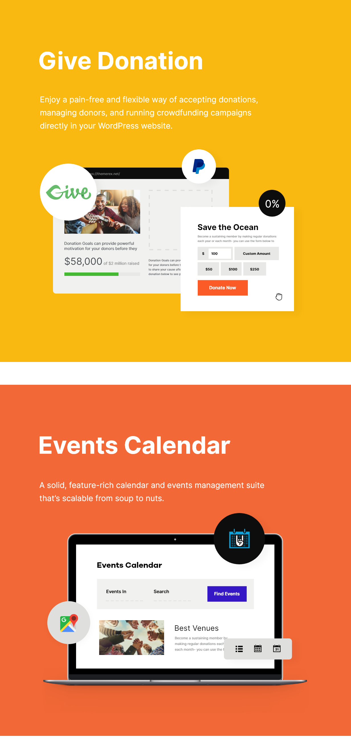 2 different pages - give donation and events calendar.