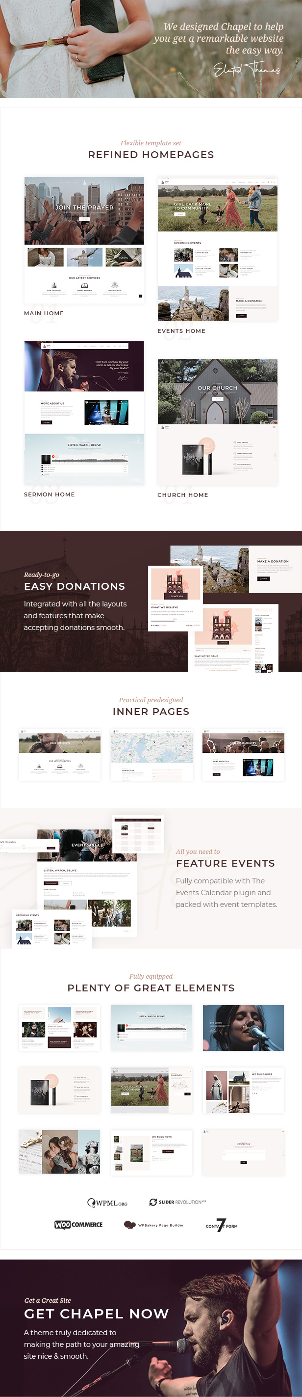 A lot of different pages of chapel church WordPress theme.