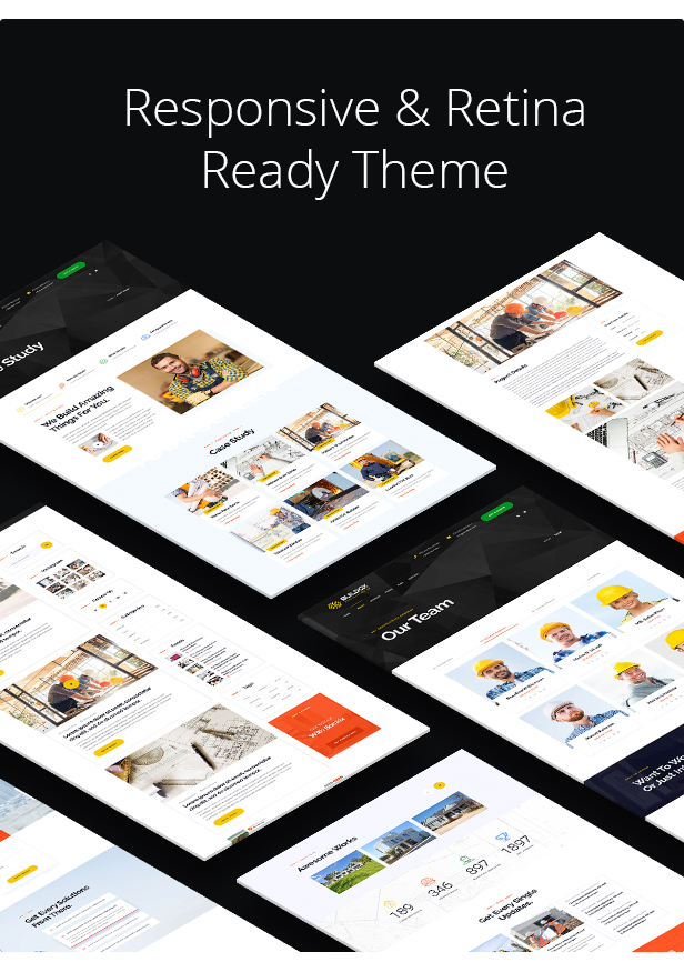 White lettering "Responsive & Retina Ready Theme" and different templates on a black background.