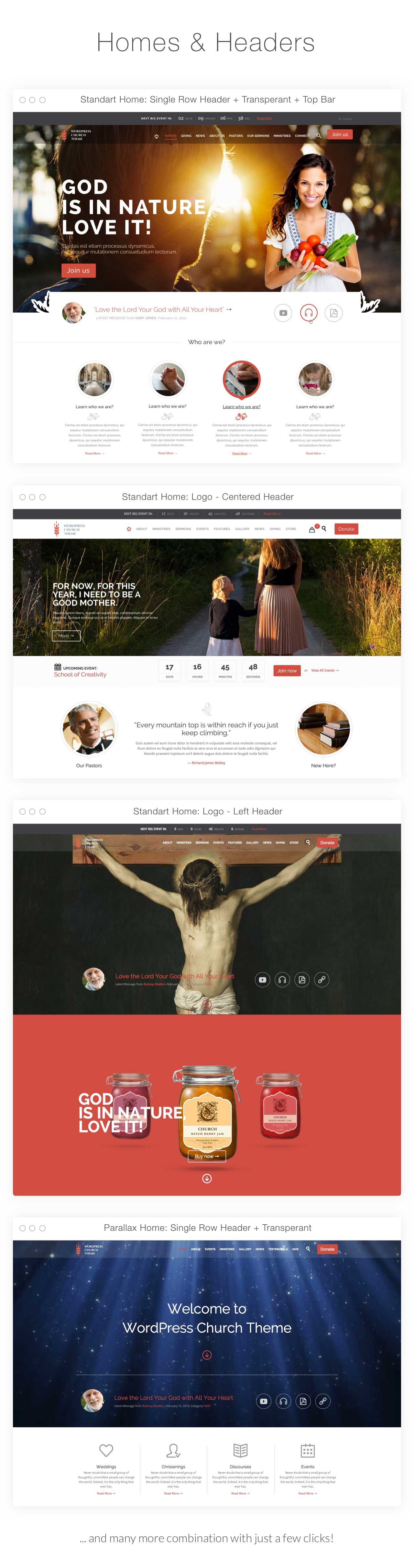 A lot of different homes and headers of church WordPress theme.