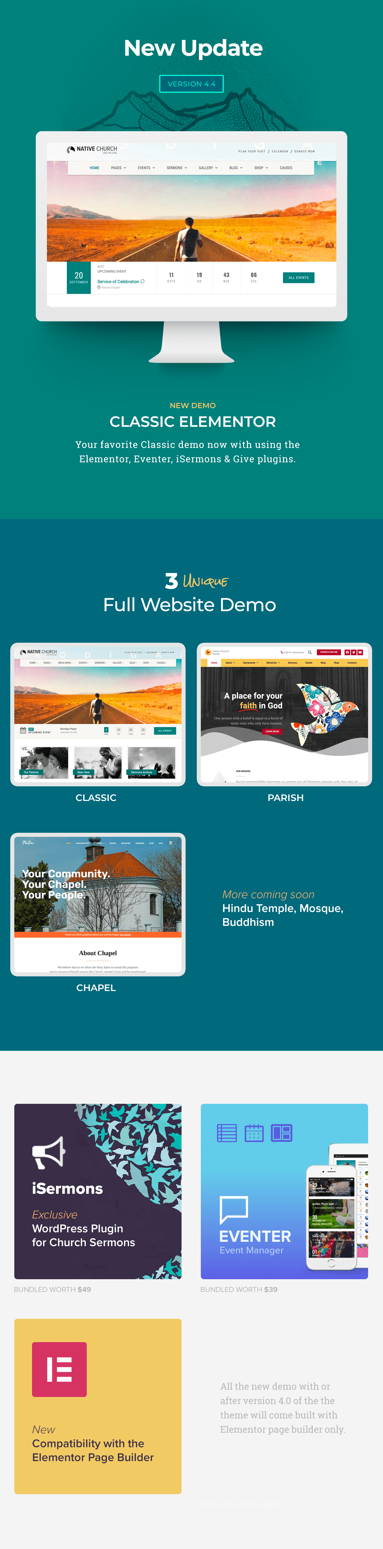 A lot of different pages of native church multi purpose WordPress theme.