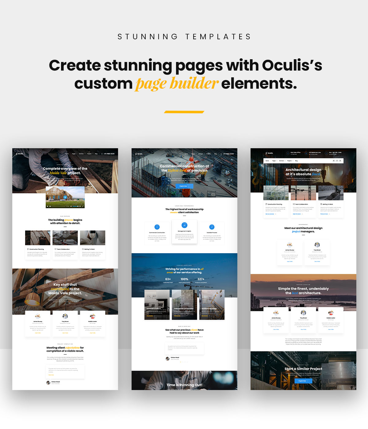 3 templates and lettering "Create stunning pages with Oculis's custom page builder elements".