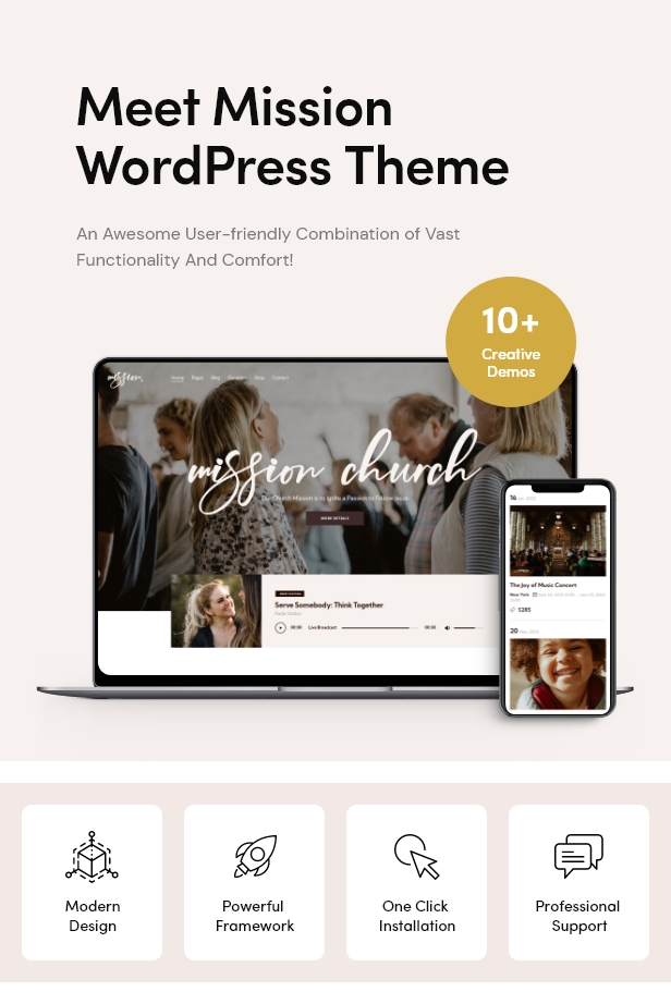 Mockups of Iphone and Macbook with templates and black lettering "Meet Misiion WordPress Theme".