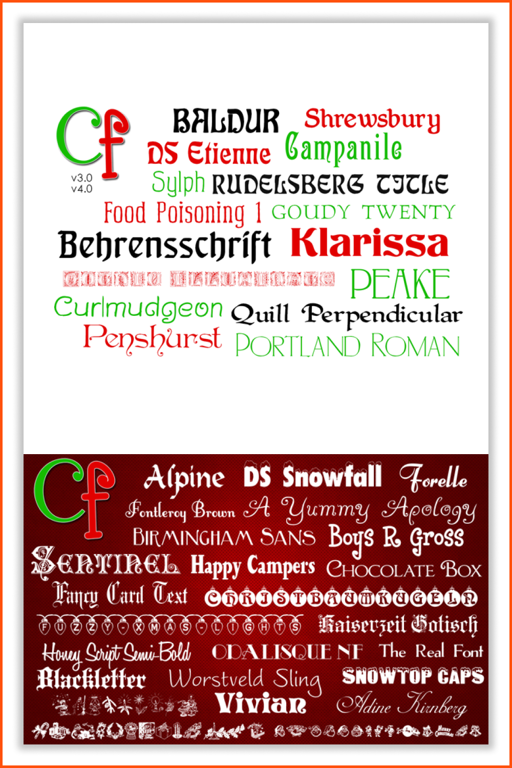 A collage of examples of different fonts in white, red, green and black on a white and red background.
