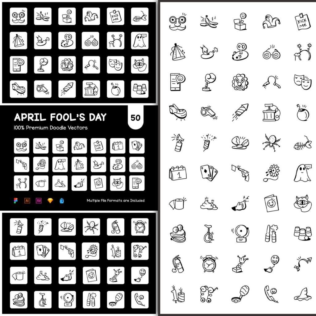 50 Doodle April Fool’s Day Icons MasterBundles