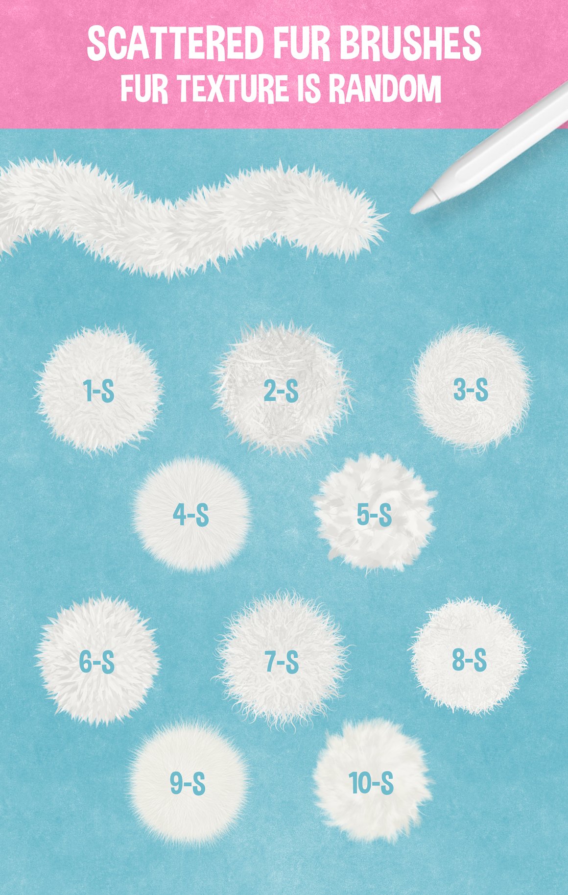 10-S different white fur brushes on a light blue background.