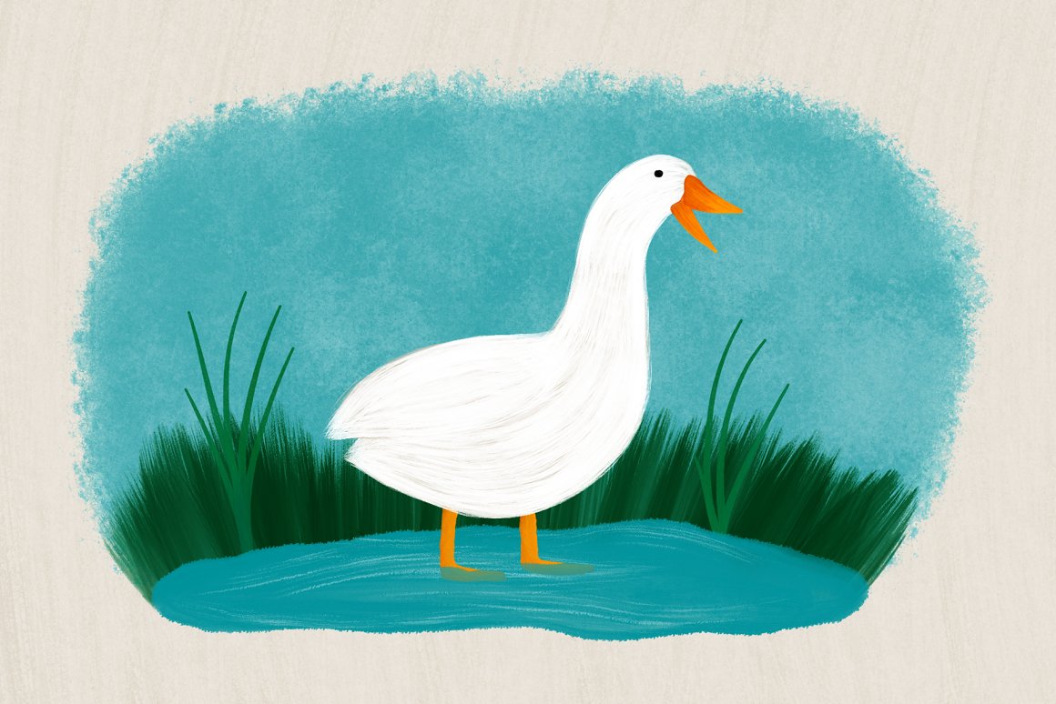 Draft of a goose in water with gouache brushes.