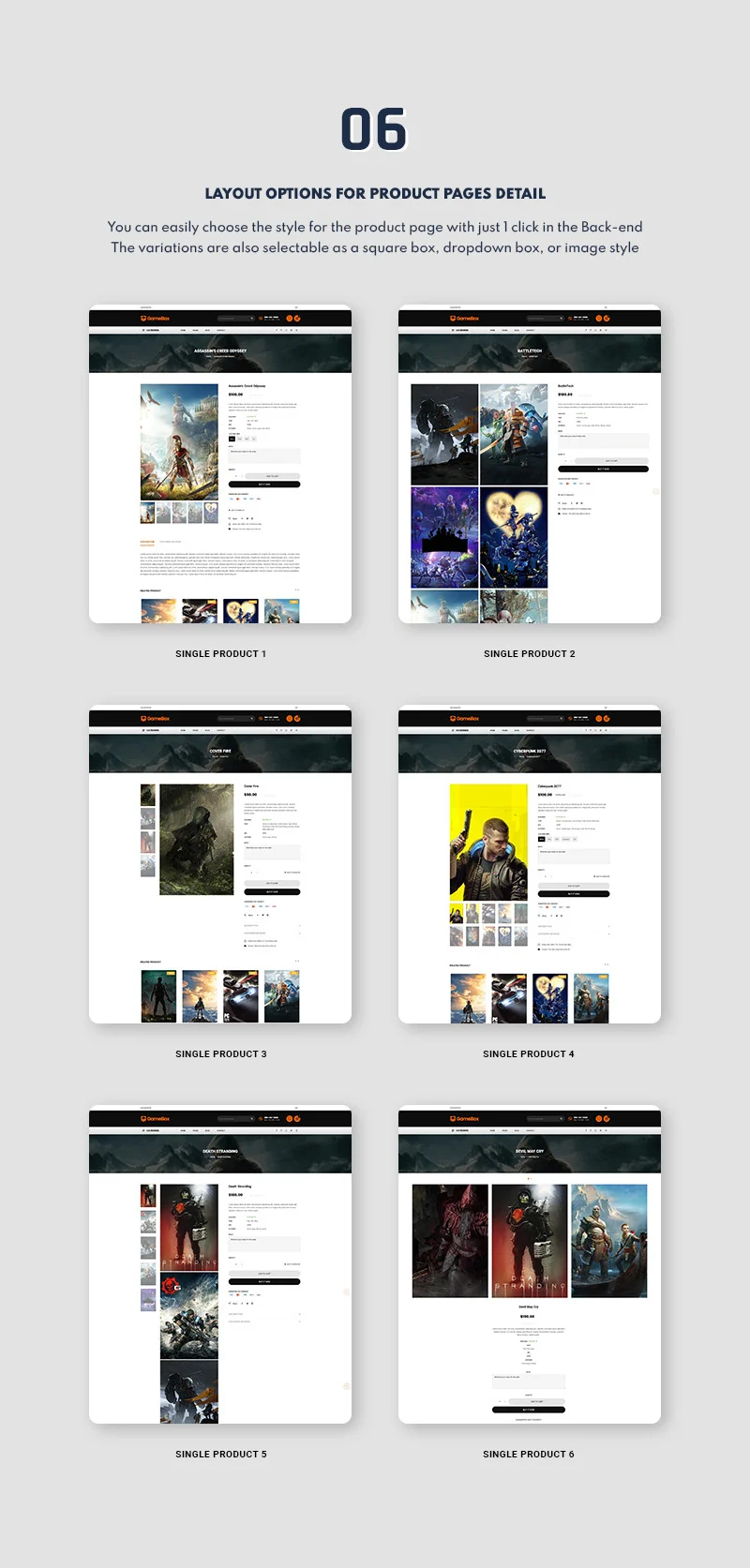 A set of 6 examples of layouts option for product pages detail on a gray background.