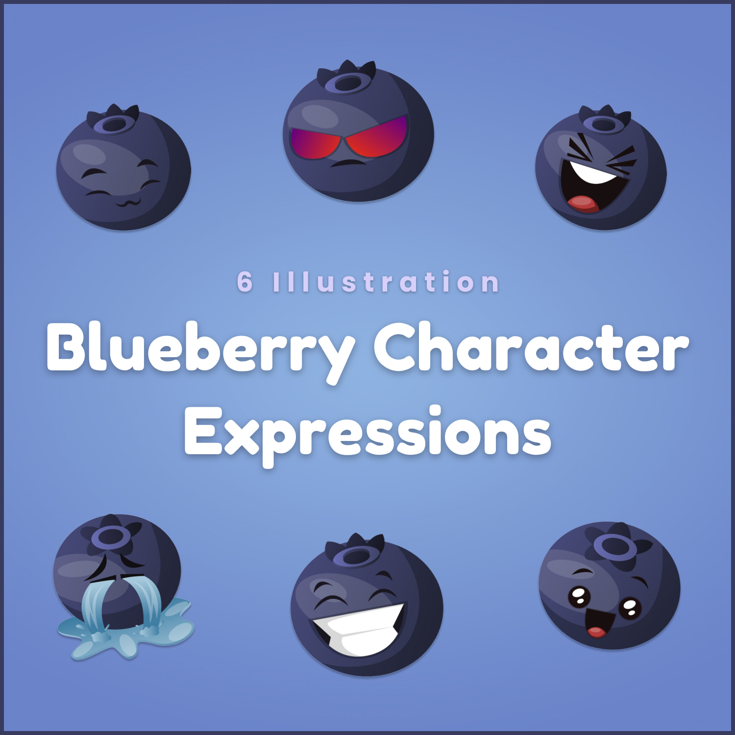 6X Blueberry Character Expressions Illustration.