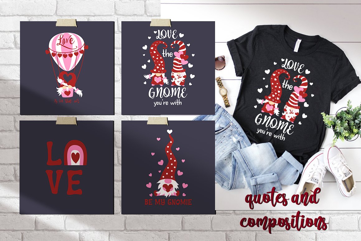 A set of 4 different cards and black t-shirt with illustrations of a valentine's gnome.