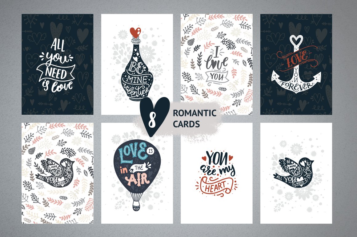 8 different romantic cards in black, red and white.
