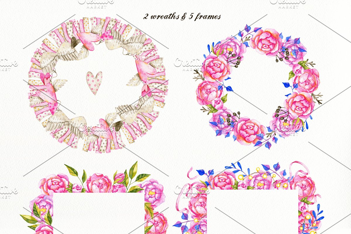 You will get 2 love floral wreaths and 5 frames.