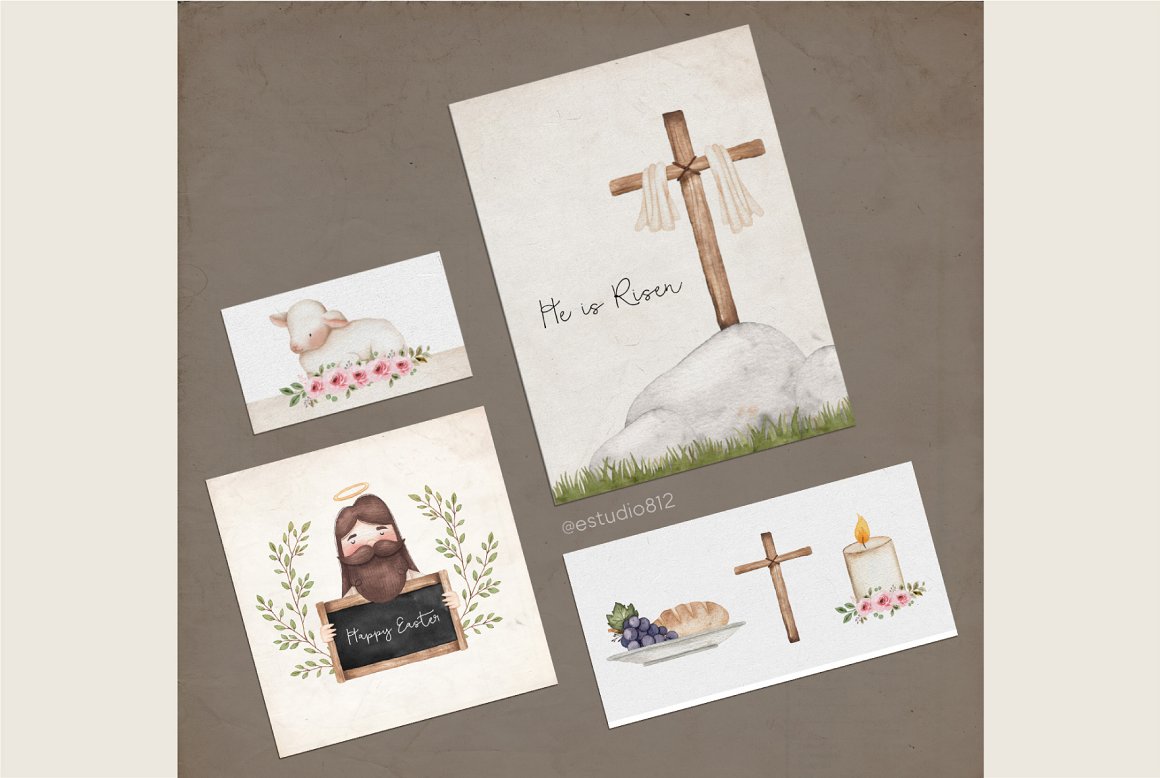 4 white cards with different watercolor illustrations of a Jesus, goatling, cross and other elements on a gray background.