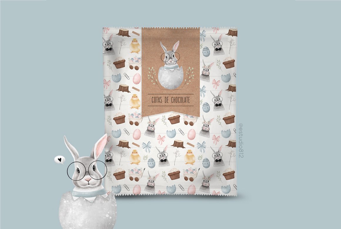 Packaging with illustrations of different easter elements on a light blue background.