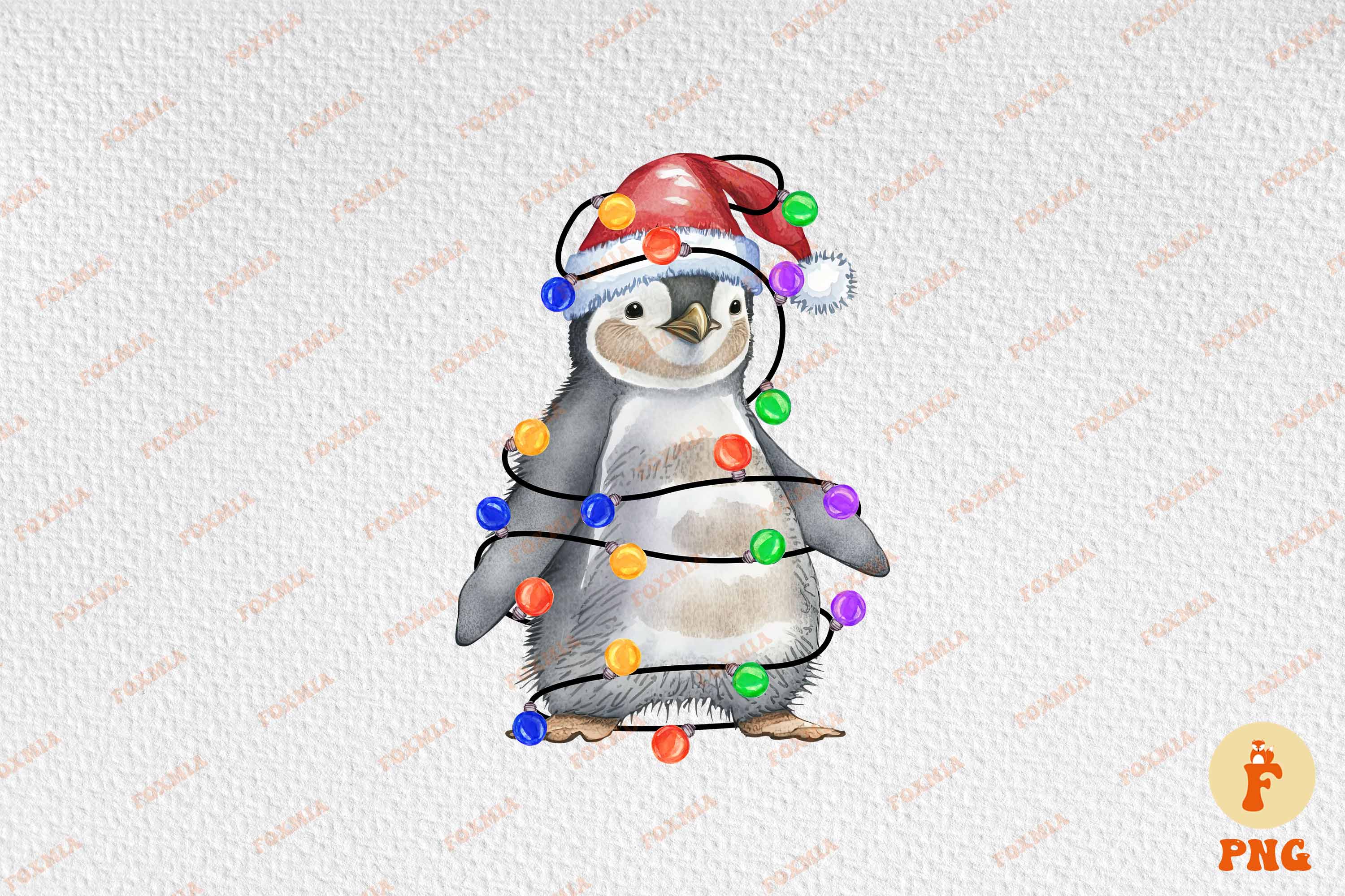 Colorful image of a penguin wearing a santa hat.