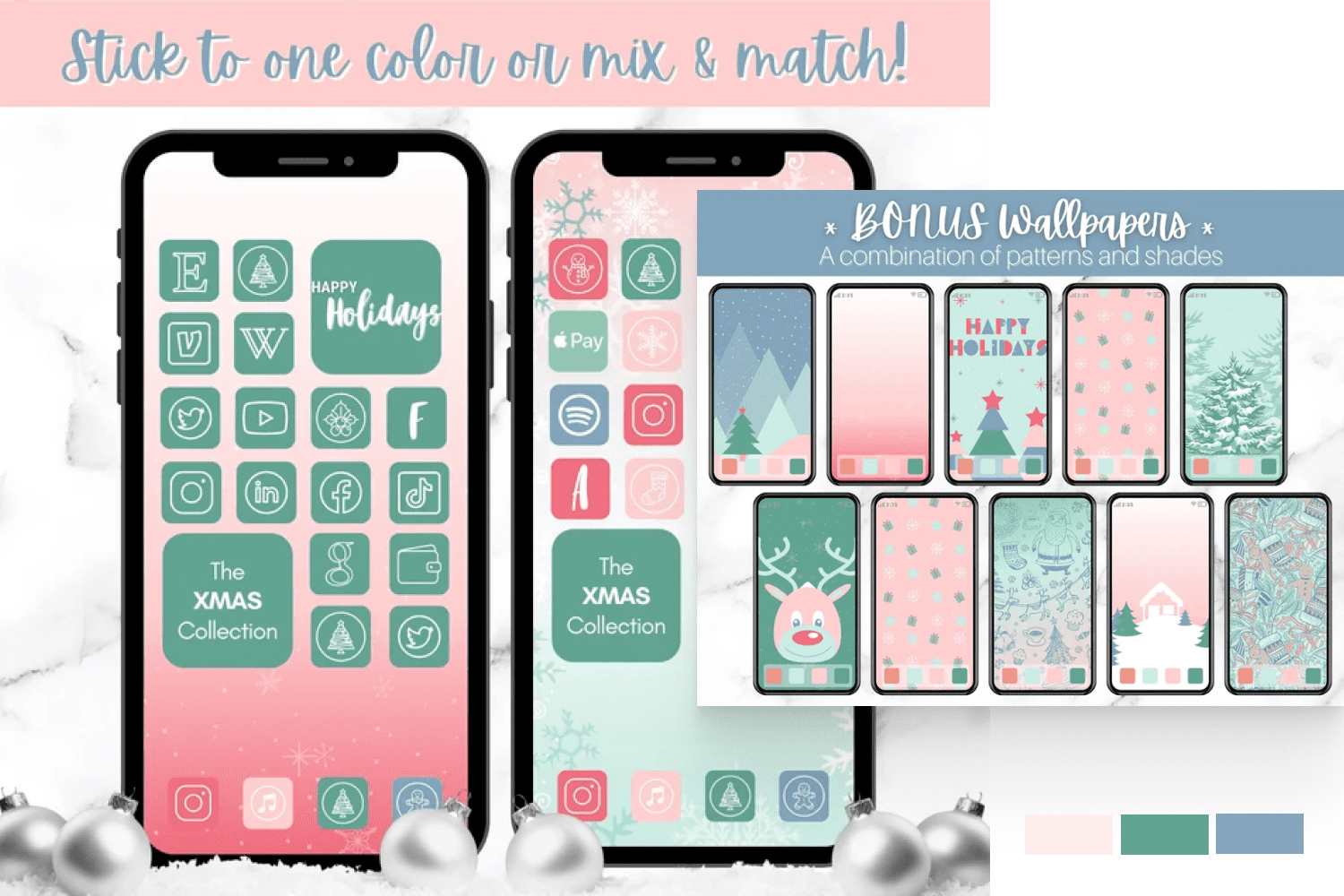 Collage of Christmas themed icons in pink and green colors.