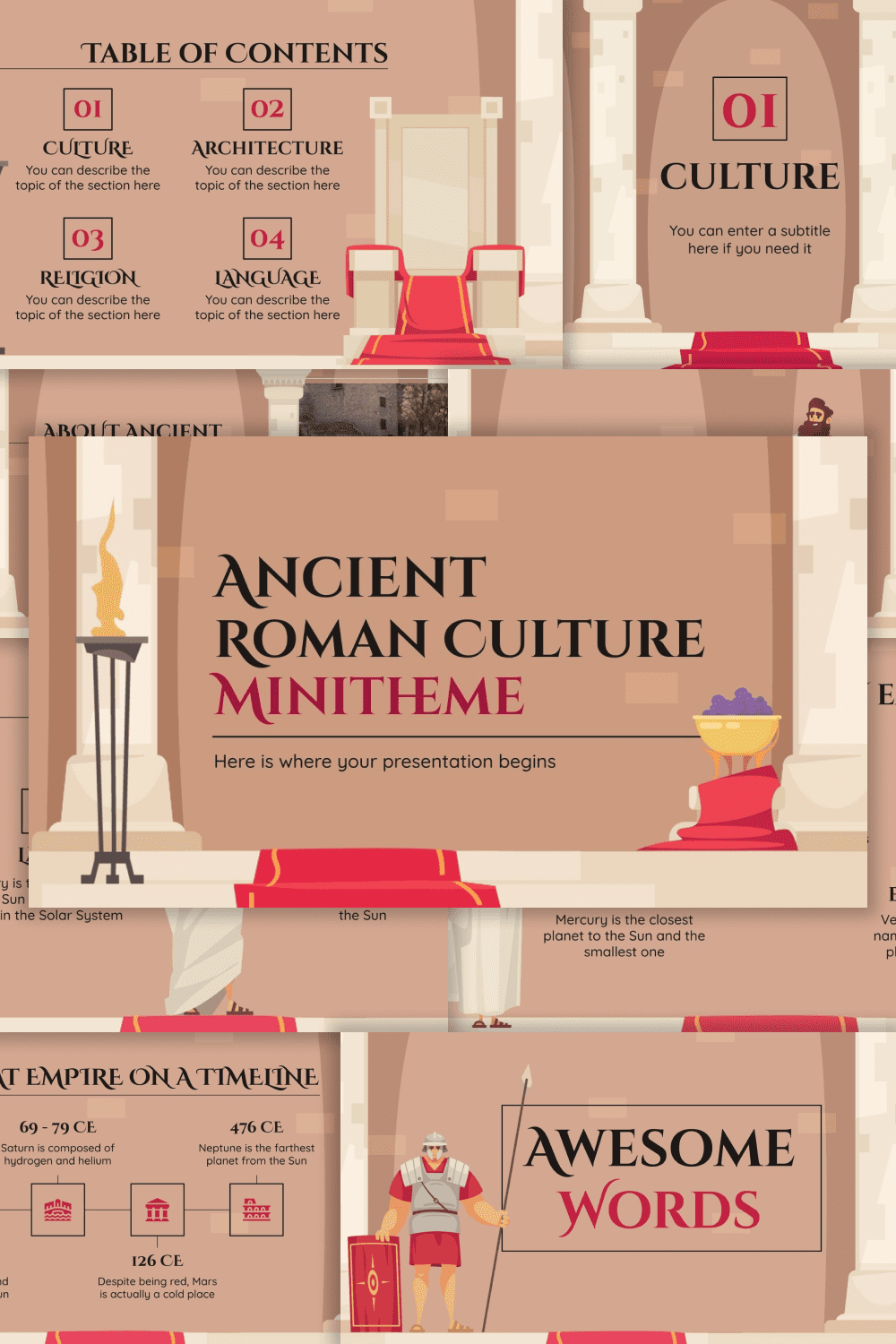Collage of presentation pages depicting columns, a legionnaire and a throne with a red carpet.