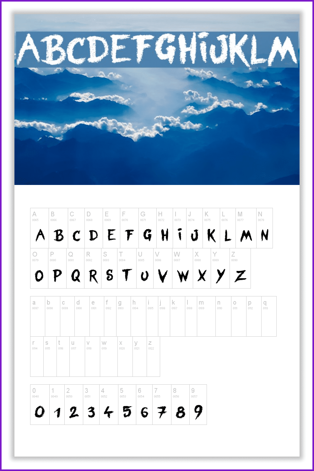 Alphabet in font on a white background and an example of use on the background of a photograph of mountains and clouds.