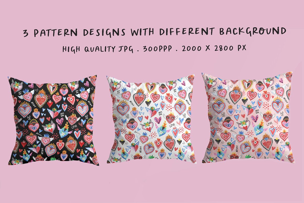 A set of black, white and pink pillow with illustrations of hand-painted mexican hearts on a pink background.