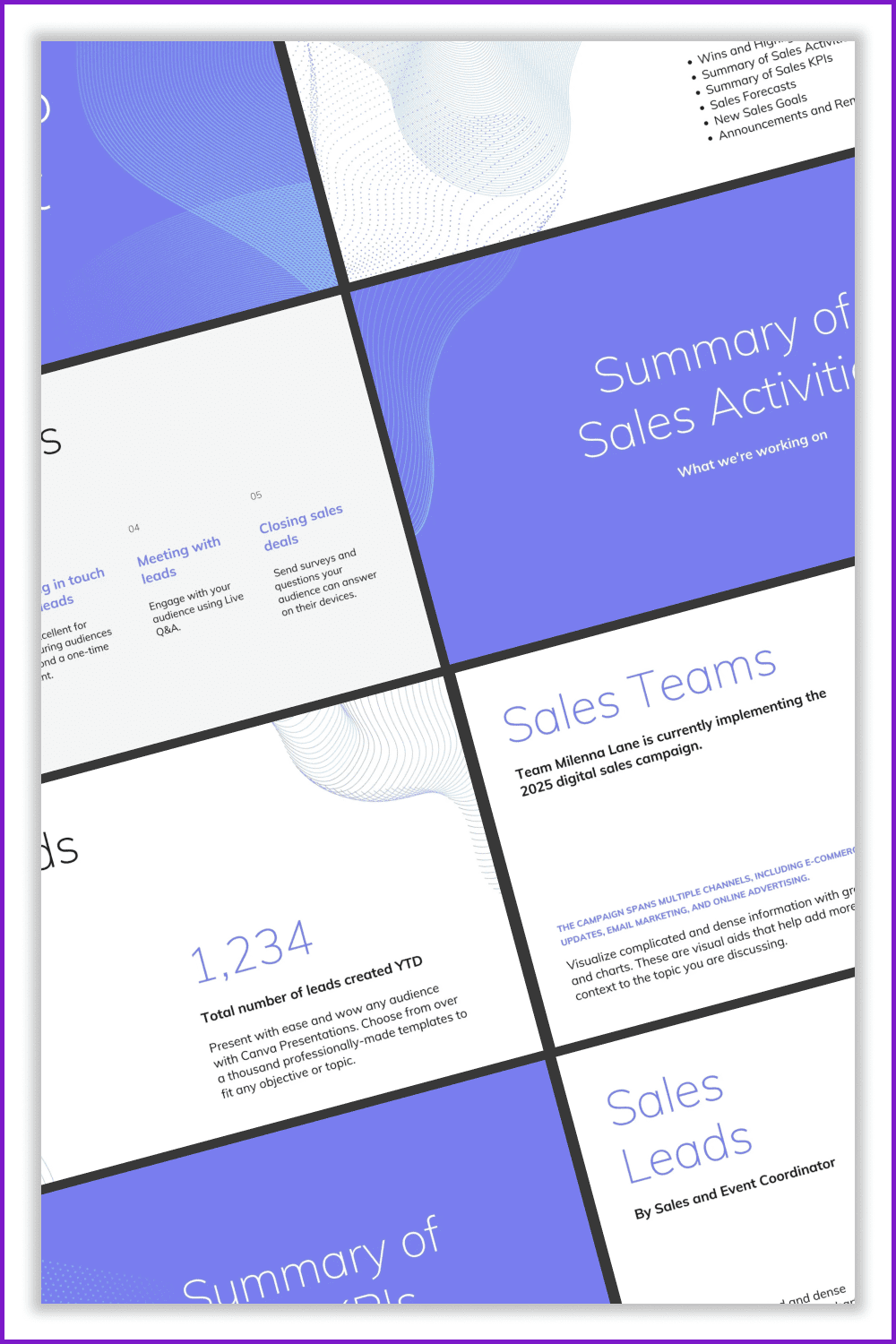 Collage of presentation pages with white and purple background.