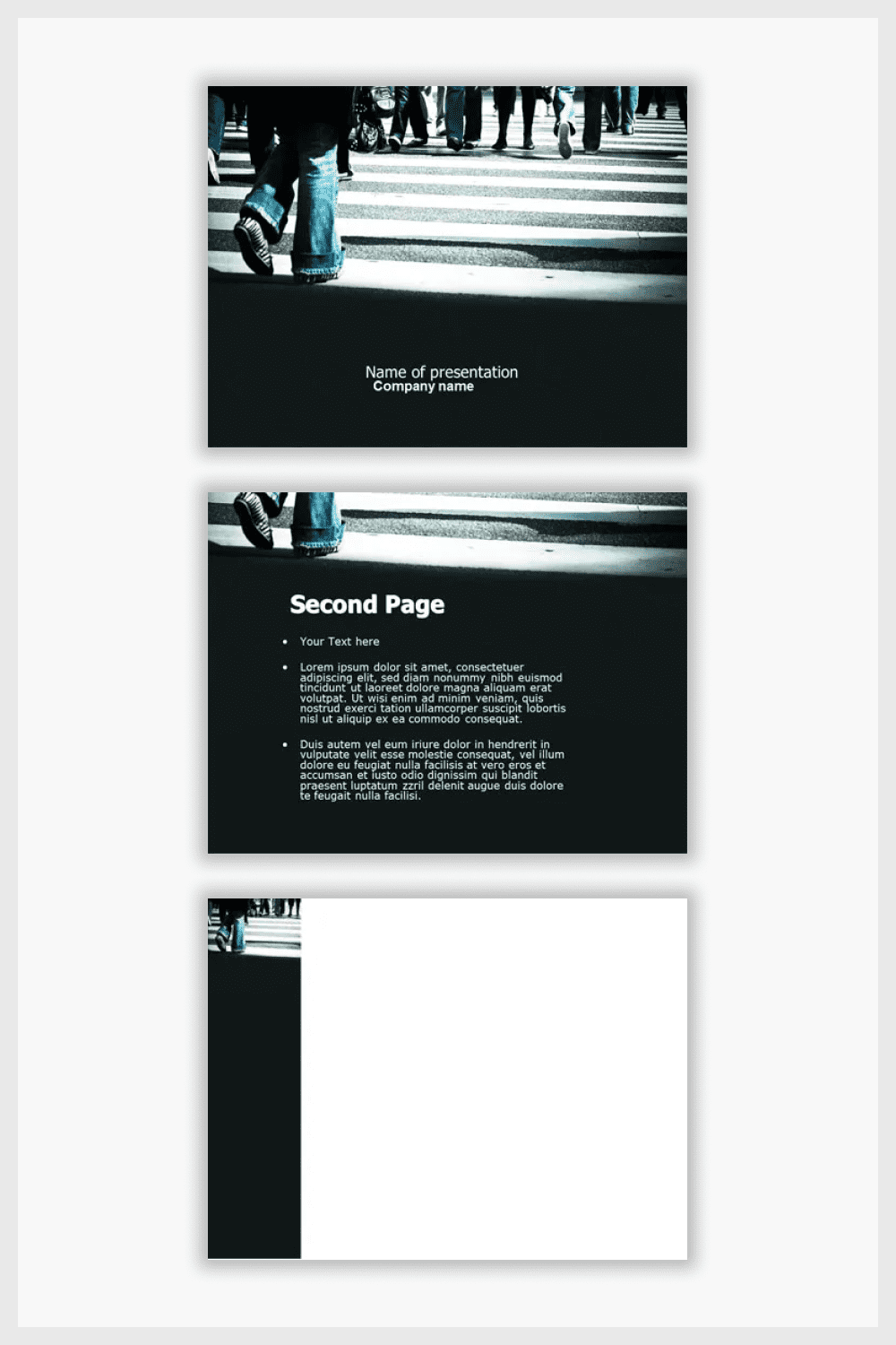 Collage of presentation pages with black background and white text.