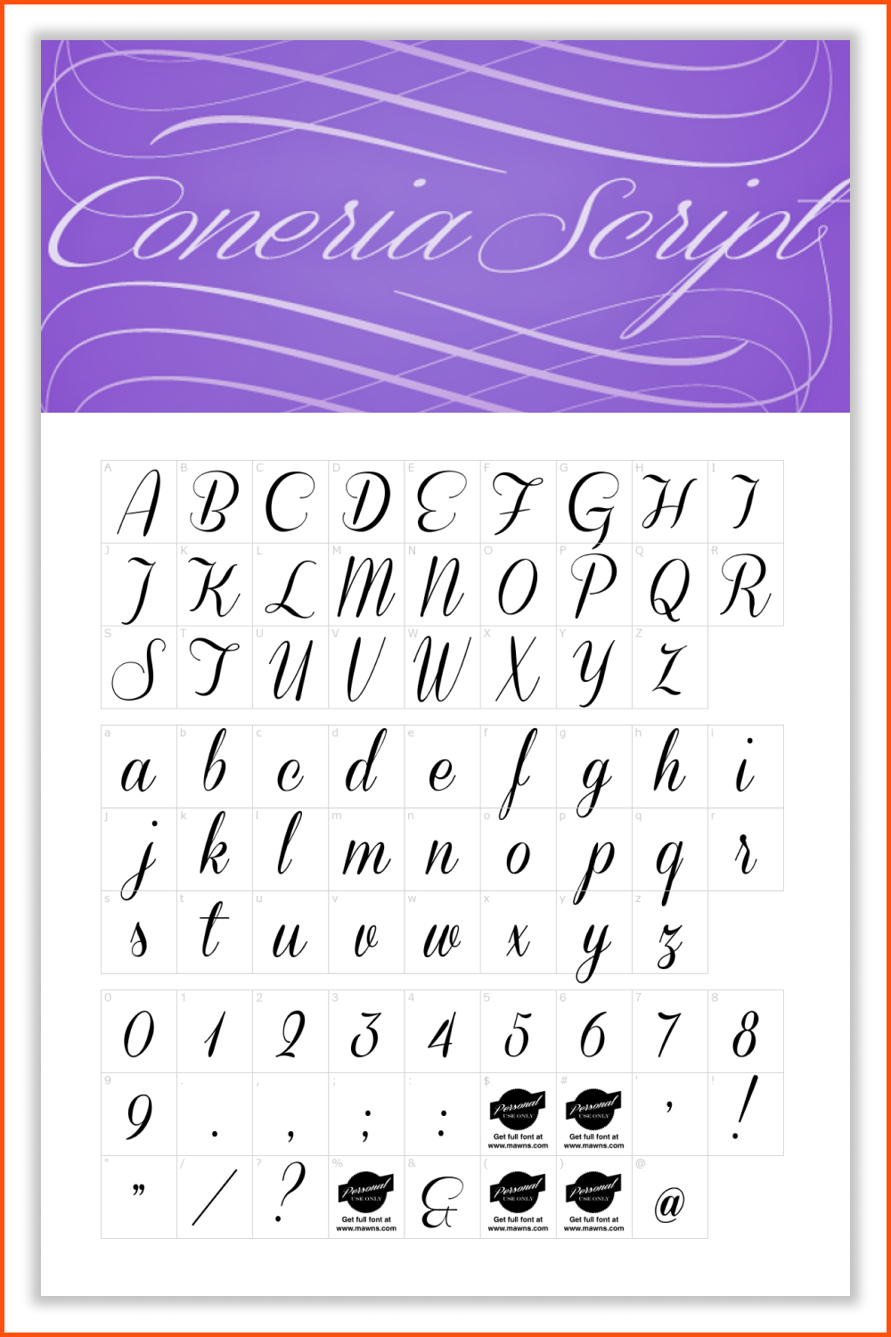 Coneria Script alphabet on white background.