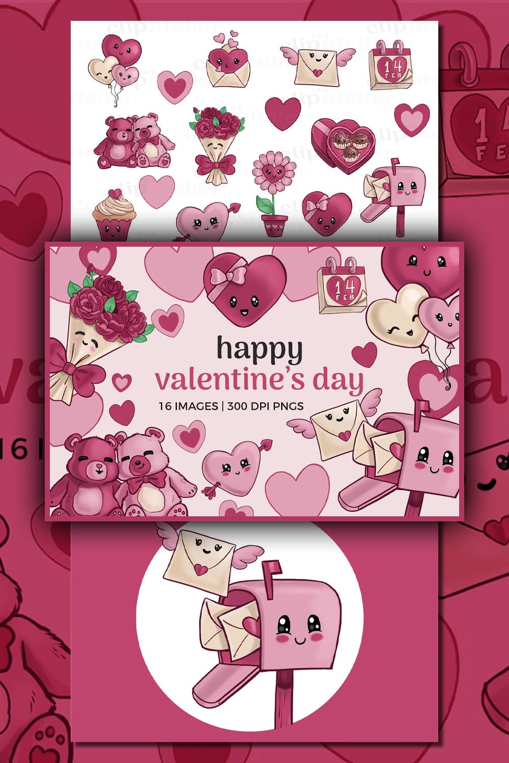Happy Valentine's Cute Clipart Set - pinterest image preview.