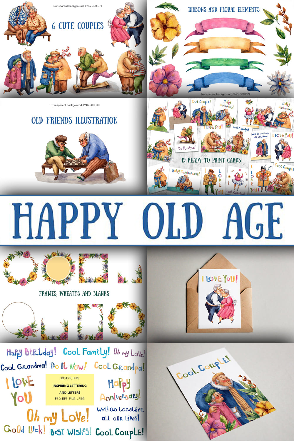 Happy Old Age Watercolor Set - pinterest image preview.