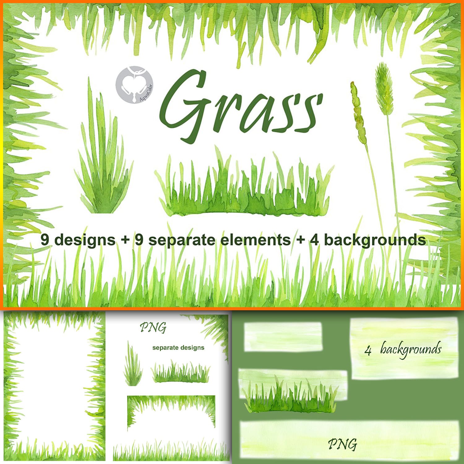 Watercolor handpainted clipart Grass cover.