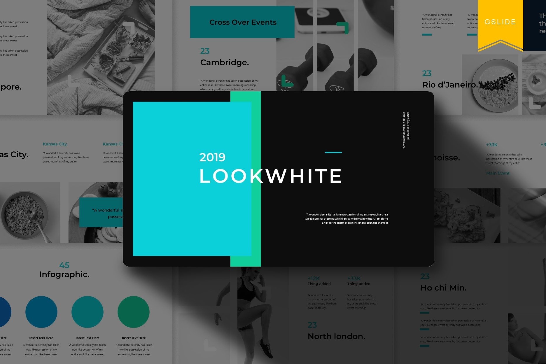 White lettering "LookWhite" and different presentation templates.