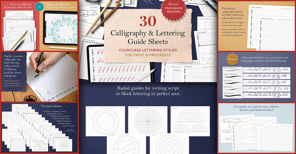 30 Calligraphy & Lettering Guides For Procreate & Print - Design Cuts