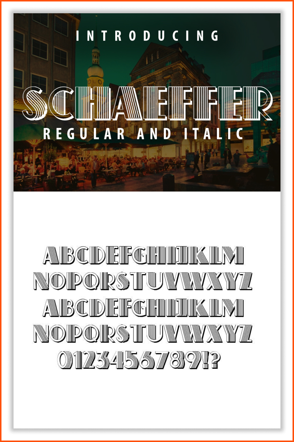 Font alphabet on white background and font name on photo background.