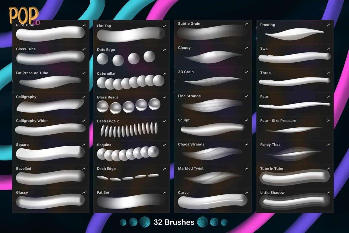 A set of 32 different white and black pop 3D brushes on a black 3D abstract background.