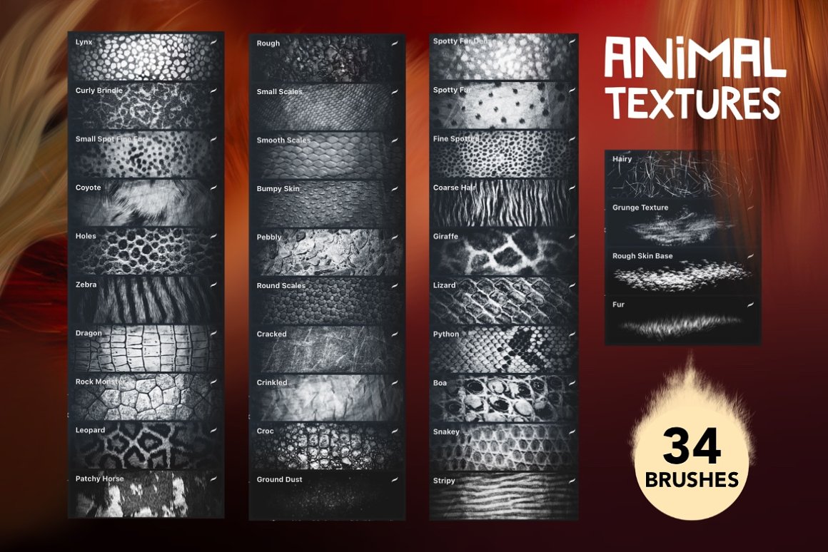 A set of 34 different animal textures brushes and white lettering "Animal Textures" on a brown background.
